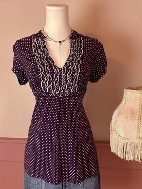 babydoll polka dot y2k tie back top  heart soul purple white sz large coquette